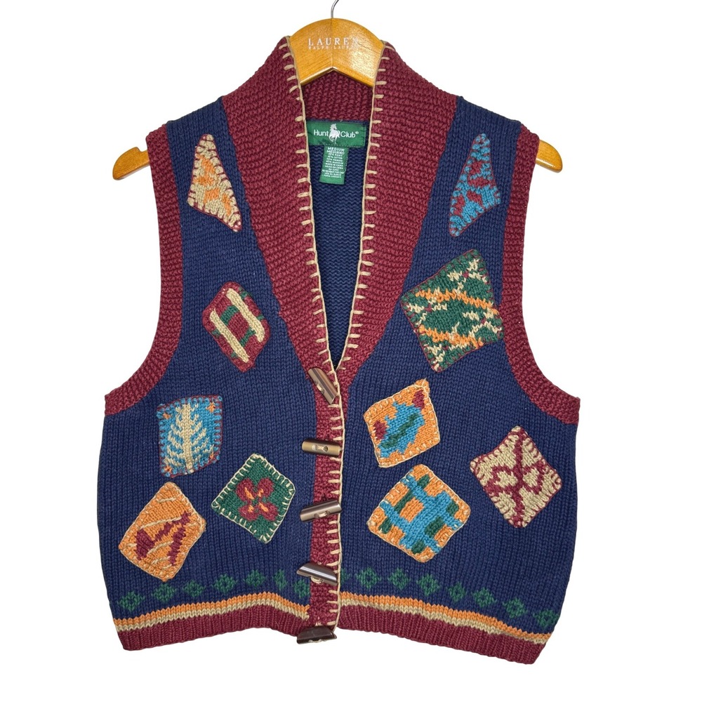 Hunt Club Patchwork Knit Sweater Vest Women's Medium Blue/Red